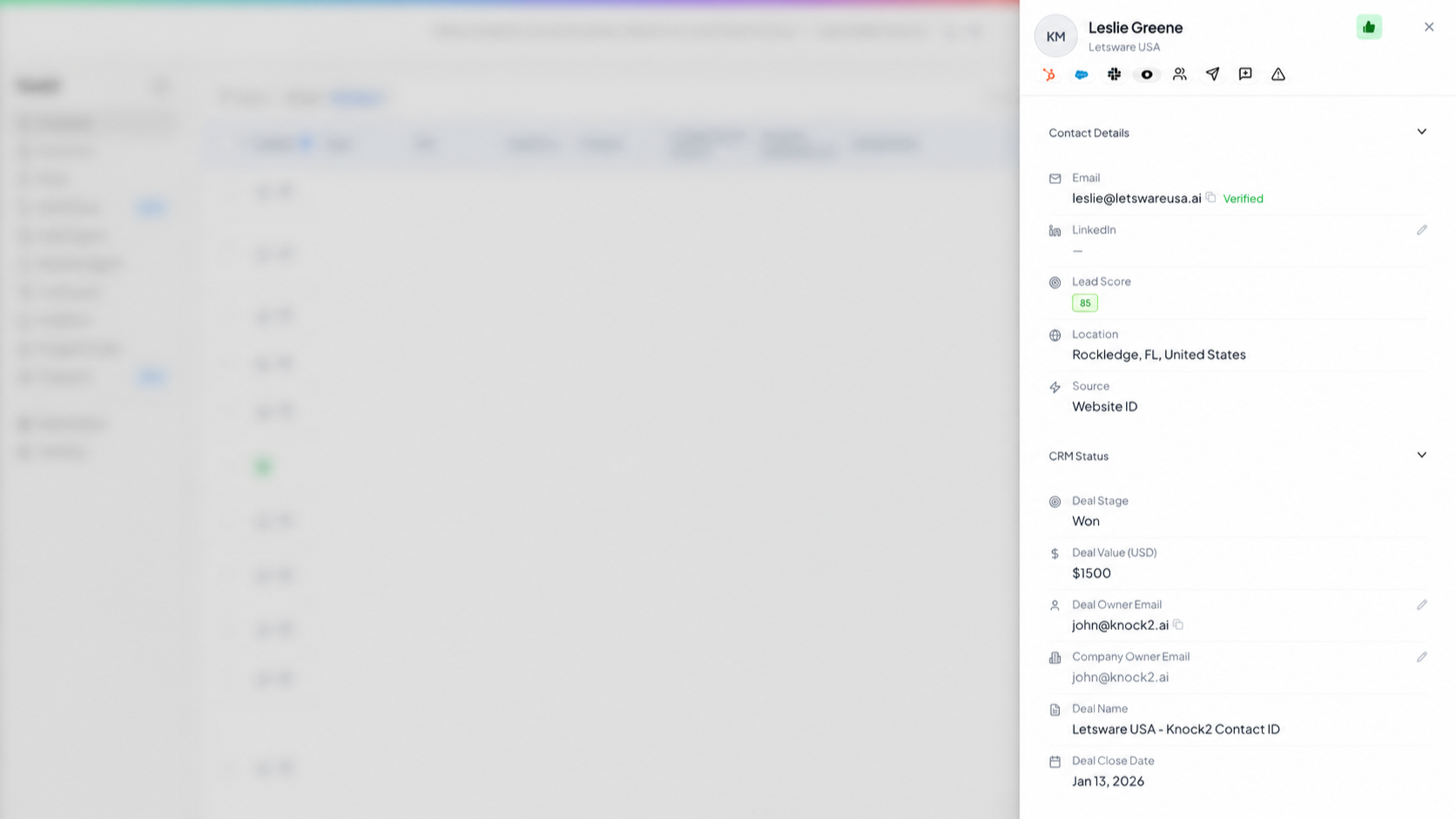 knock2 contact drawer showing HubSpot deal information